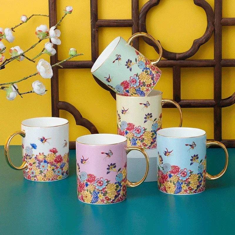 Chinese Painted Bone China Coffee Cup Saucer Set Enamel Afternoon Tea Cup with Plate Spoon Luxury Ceramic Mug Party Drinkware
