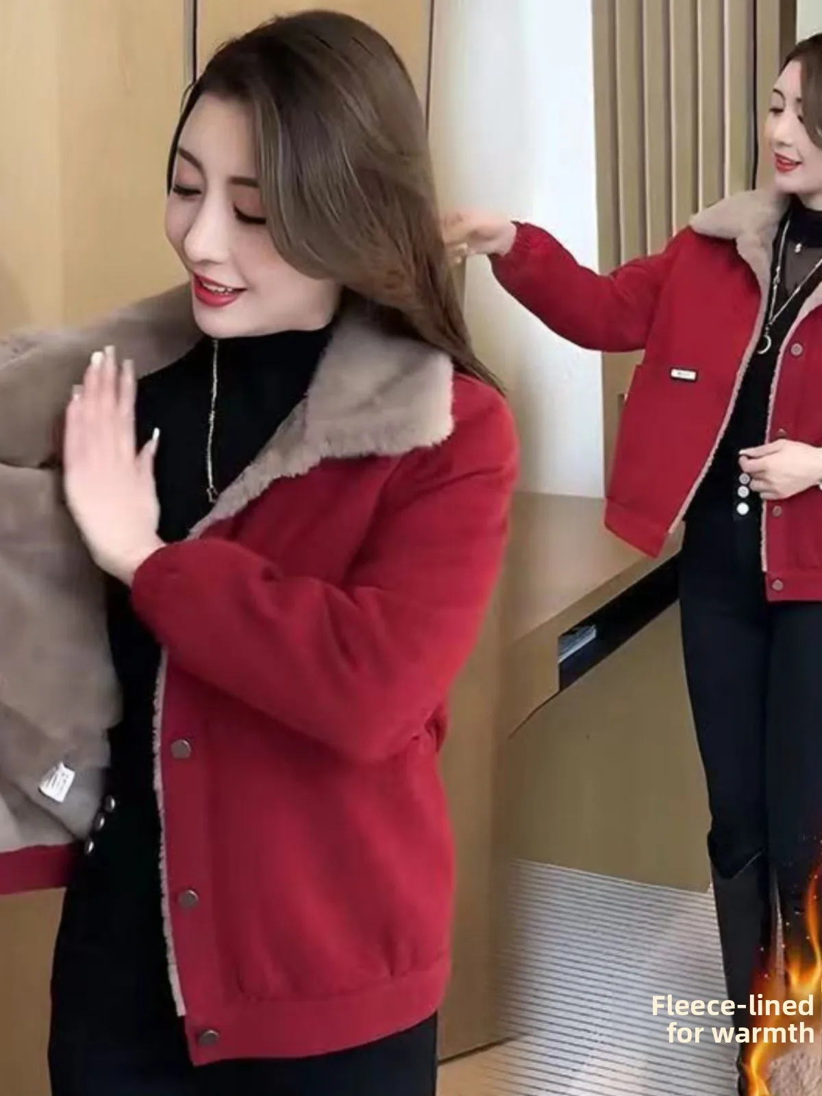 

Women's Corduroy Jacket Winter Thickened Fleece Lined Loose Fashion Anti-aging Slimming Belly Covering Mommy Style Coat