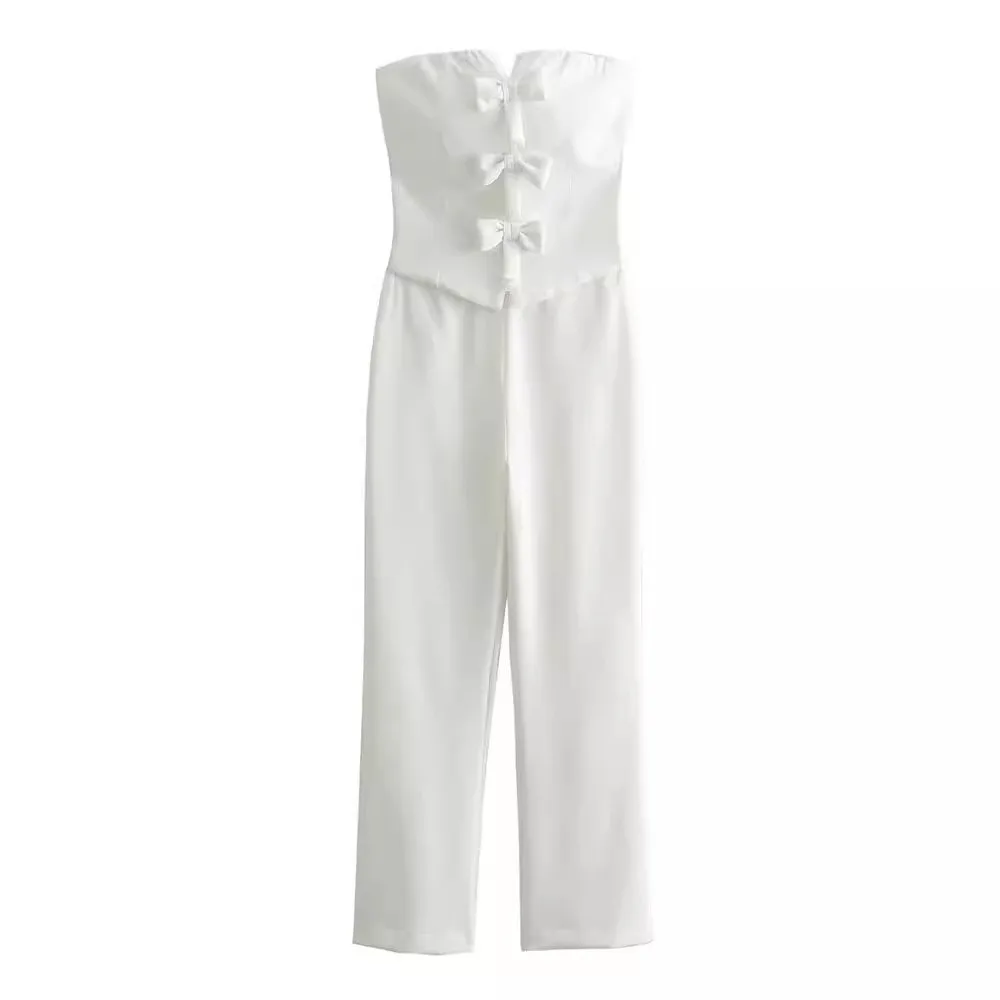 จั๊มสูทผู้หญิงแฟชั่นปี 2025 แขนกุด เปิดหลัง ซิปด้านข้าง แต่งโบว์ 3 มิติ โปร่ง จั๊มสูทขายาวทรงกระบอก สีดำ ผอมเพรียว