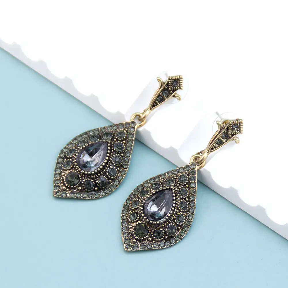 Sunspicems Vintage Turkish Bohemia Women Earring Gray Crystal Antique Gold Color Rhombus Pendant Indian Drop Earring Jewelry