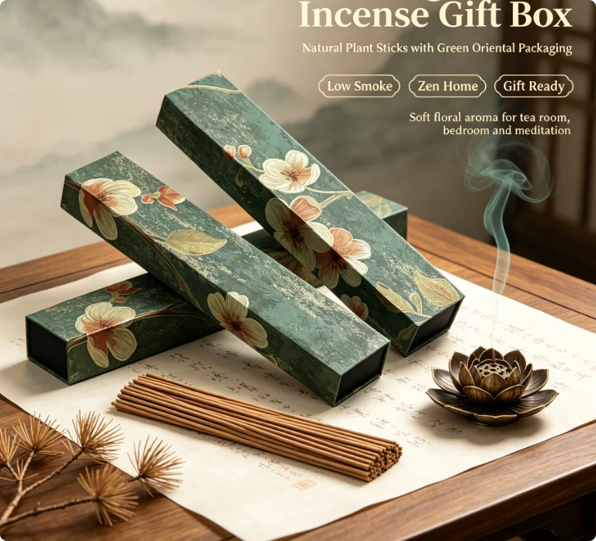 Vintage Green Floral Stick Incense Gift Box, Natural Low Smoke Plant Incense Sticks Oriental Zen