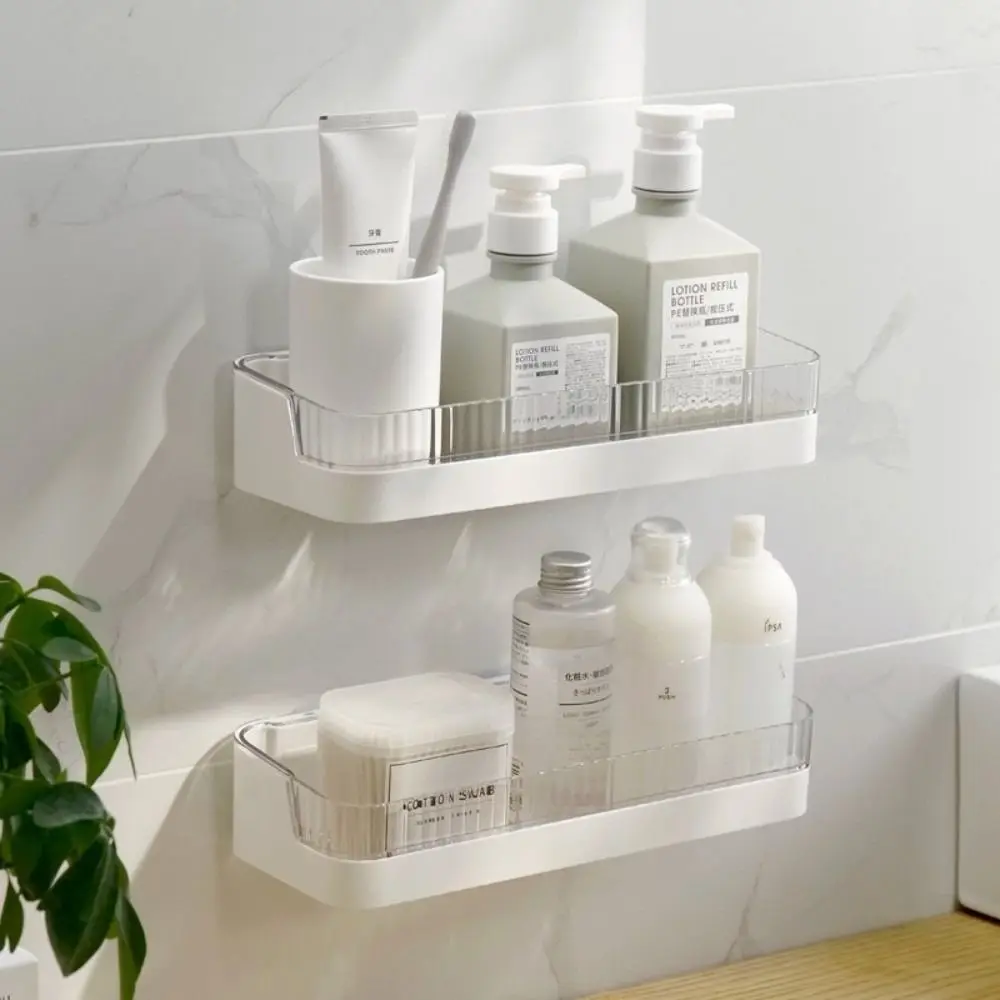 

Wall Mounted Bathroom Storage Rack No Nail Plastic Toiletries Holder Rustproof Space Saving Bathroom Shelf for Shampoo