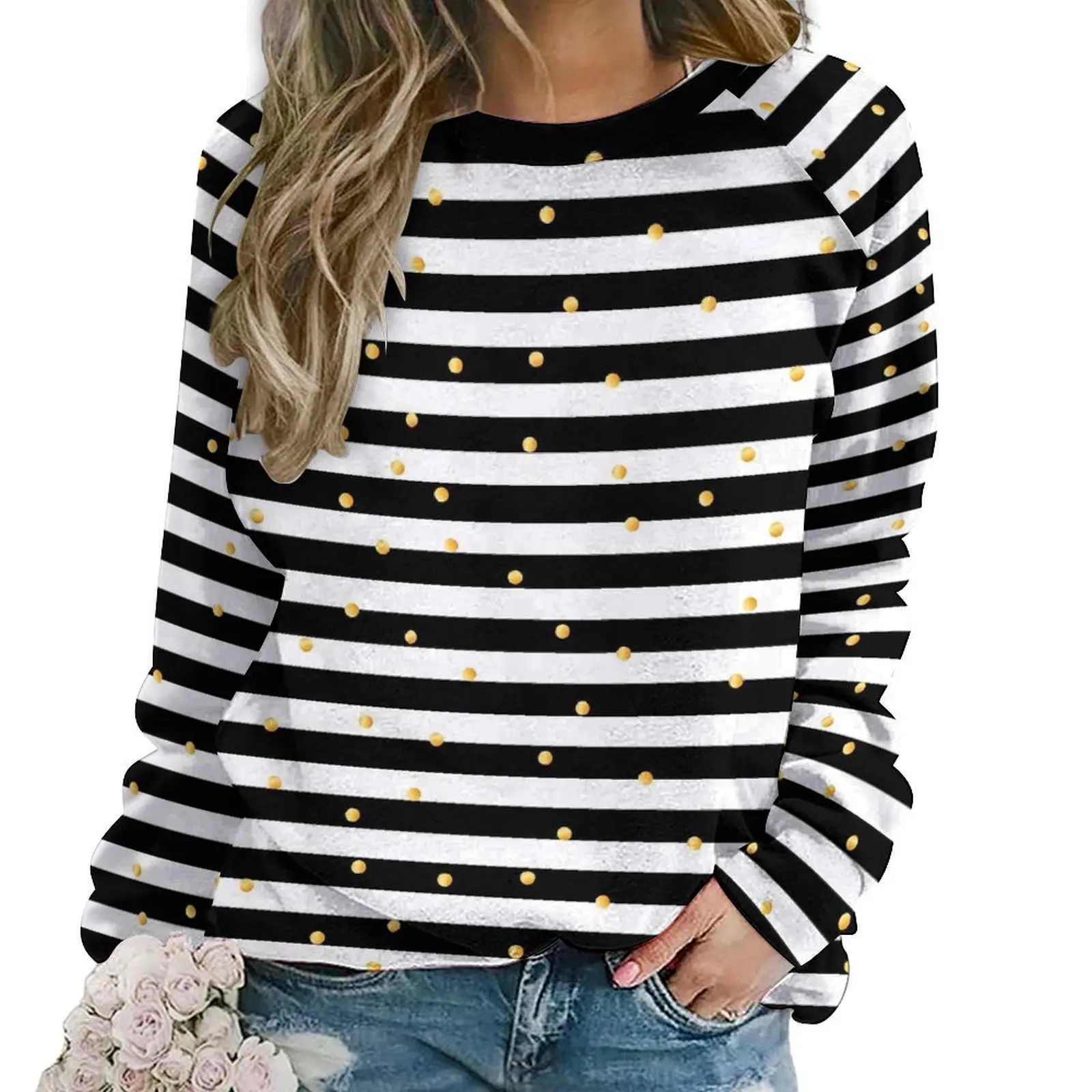 

Gold Striped Polka Dot Casual Hoodies Black And White Funny Graphic Hoodie Autumn Long Sleeve Harajuku Oversized Sweatshirts