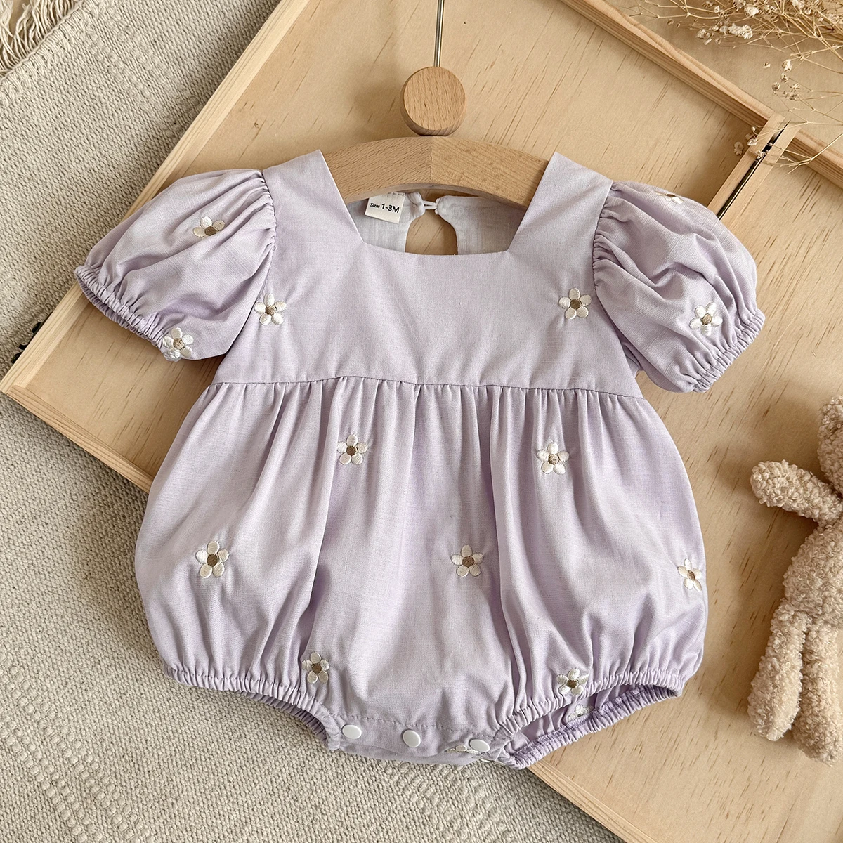 Baby Girls Clothes Baby Clothes Summer Purple Embroidery Bodysuit Cute Style Bubble Sleeve Triangle Jumpsuit Suitable for 0-18M