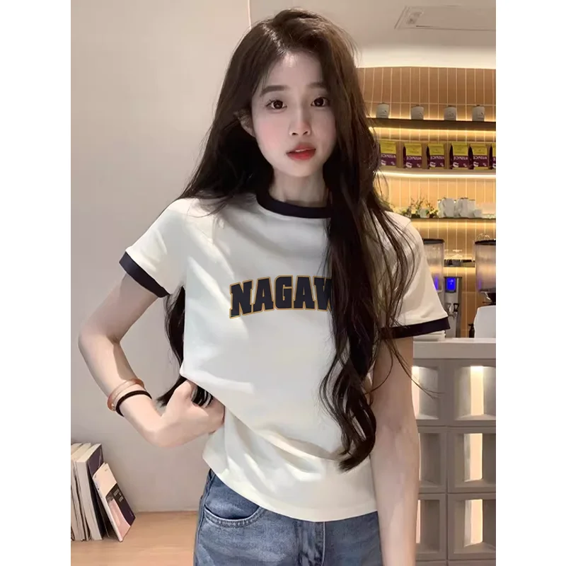 Summer New Design, Niche Korean-style Color-matching Round-neck Short-sleeved Front-shoulder T-shirt for Women
