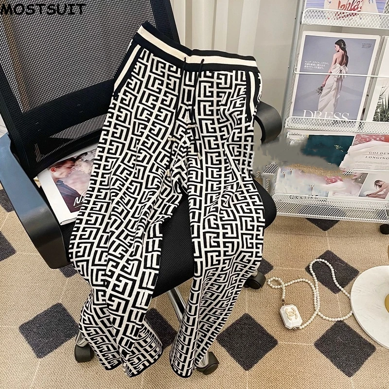 Vintage Jacquard Knit Pants For Women High Elastic Waist Drawstring Wide-leg Trousers Loose Fashion Ladies Straight Pants 2024