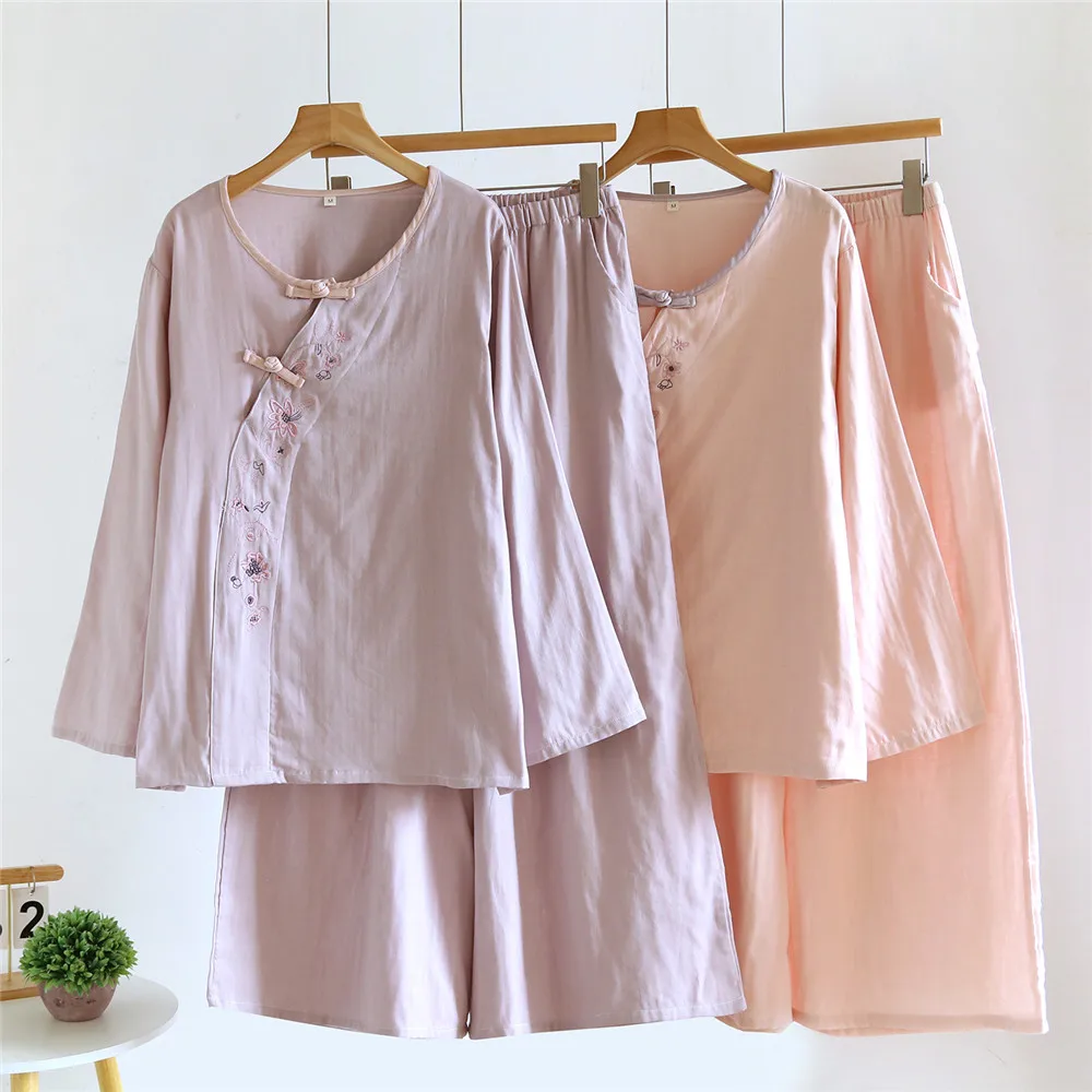 Women's Spring Summer Chinese Embroidery Pajama Set Cotton Long Sleeve Pullover Pants Two Piece Set Home Clothes