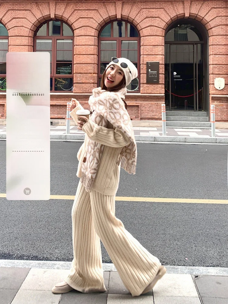 

Lazy Comfortable Knitted Sweater And Pants Set Fine Drape Slimming Wide Leg Pants Casual Style High Waist round Neck Long Sleeve