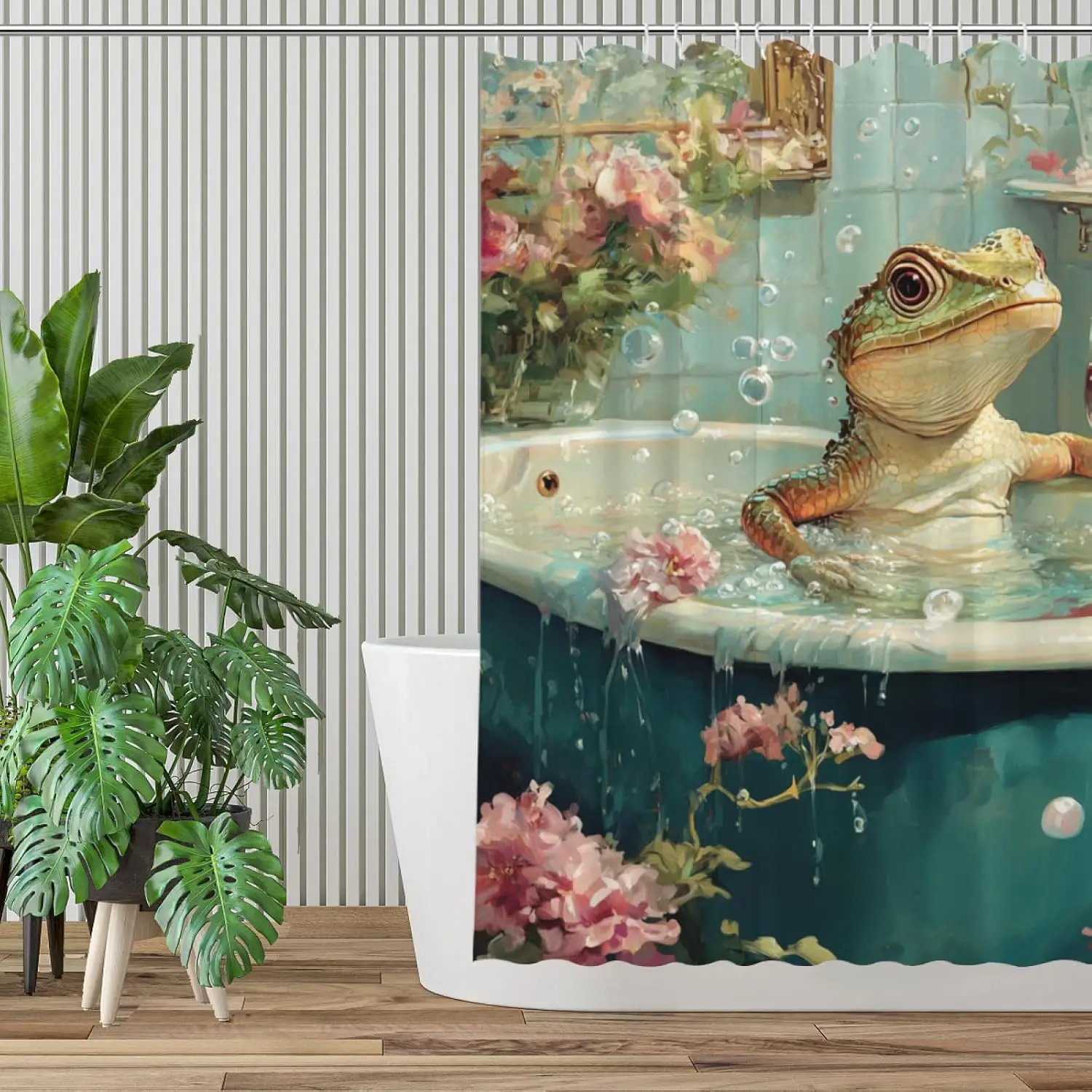 Funny SPA Lizard Shower Curtain, Teal Green Reptile Print, Waterproof Polyester with 12 Hooks,  Bathroom Decor
