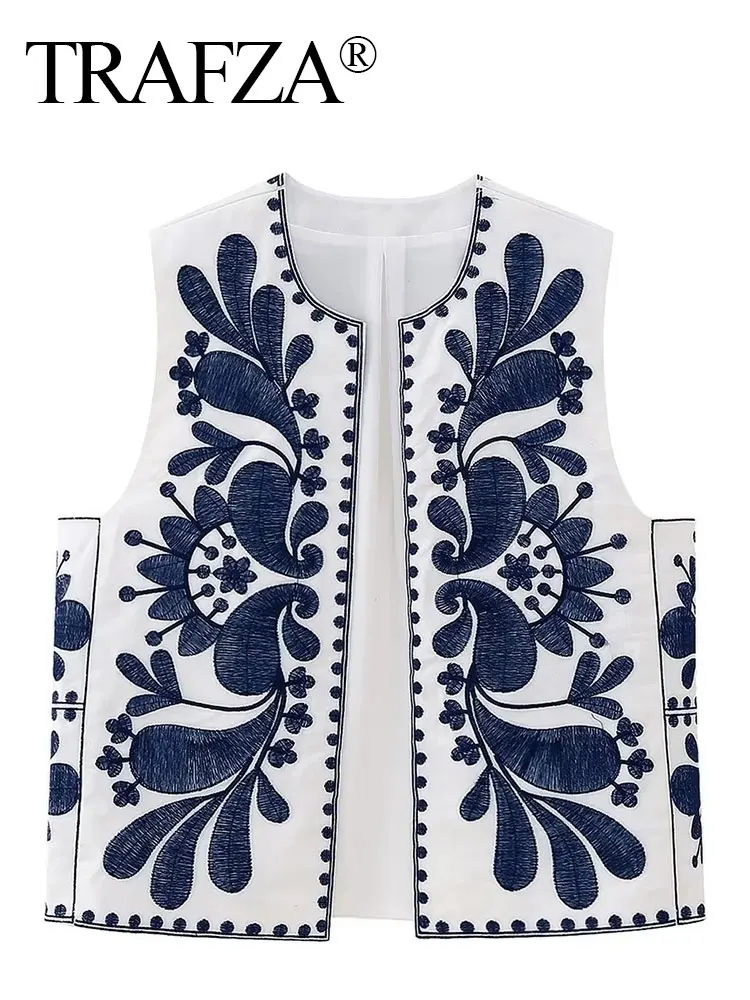 

TRAFZA 2023 Women Floral Embroidered Vest Top Summer Casual Vintage Y2k Cardigan Waistcoat Woman Chic Loose Outerwear Vsets