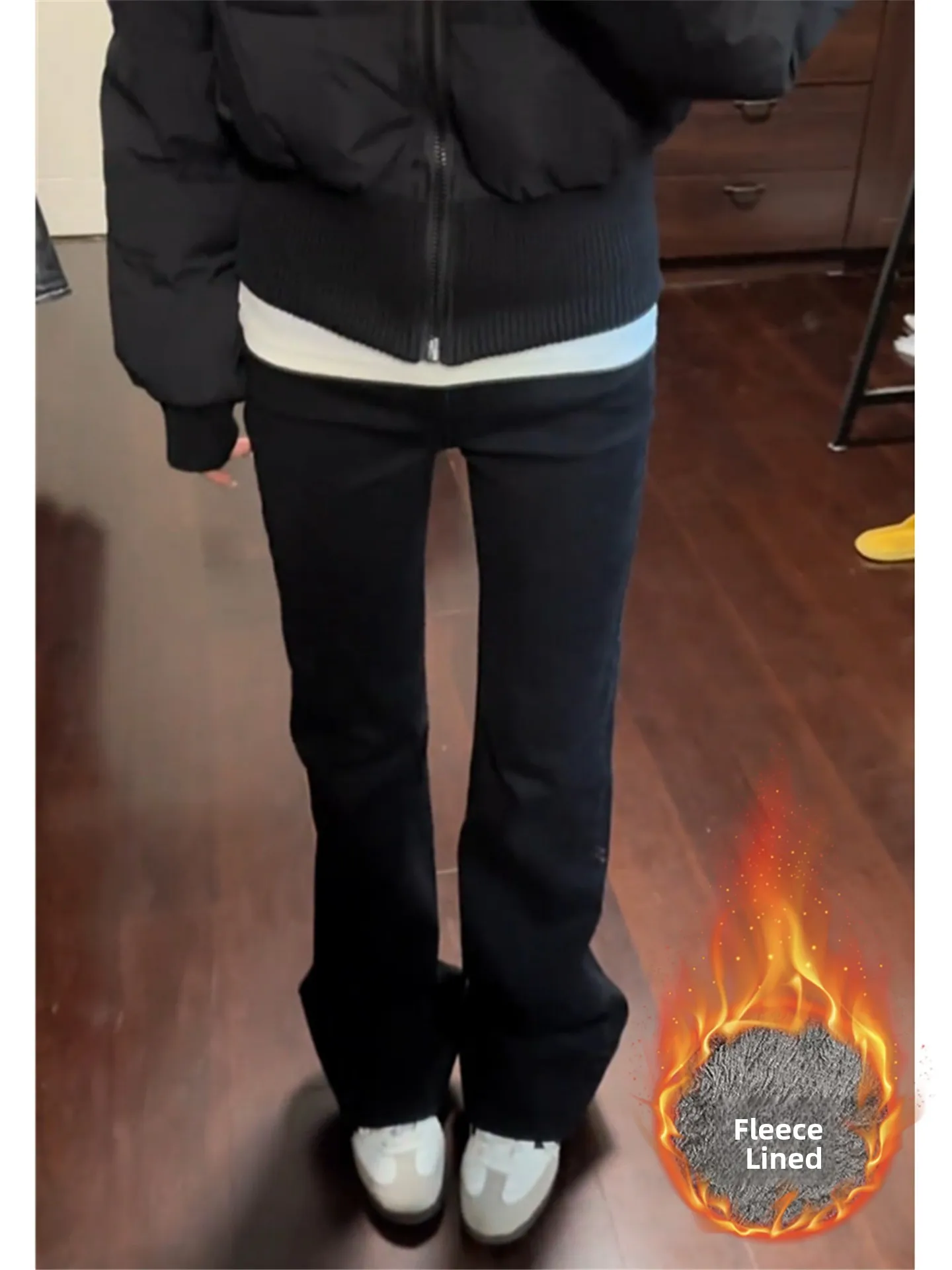

Low-Waist Flared Jeans Women's Autumn Winter Thickened Fleece Floor-Length Loose Slimming High Waist Bell Bottoms
