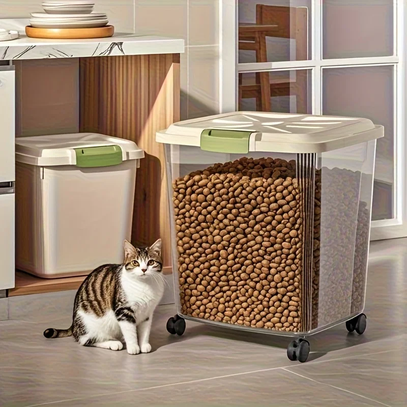 Contenitore sigillato per alimenti per animali domestici con ruote e cucchiaio, scatola trasparente per alimenti per cani, gatti e uccelli, 2 misure disponibili
