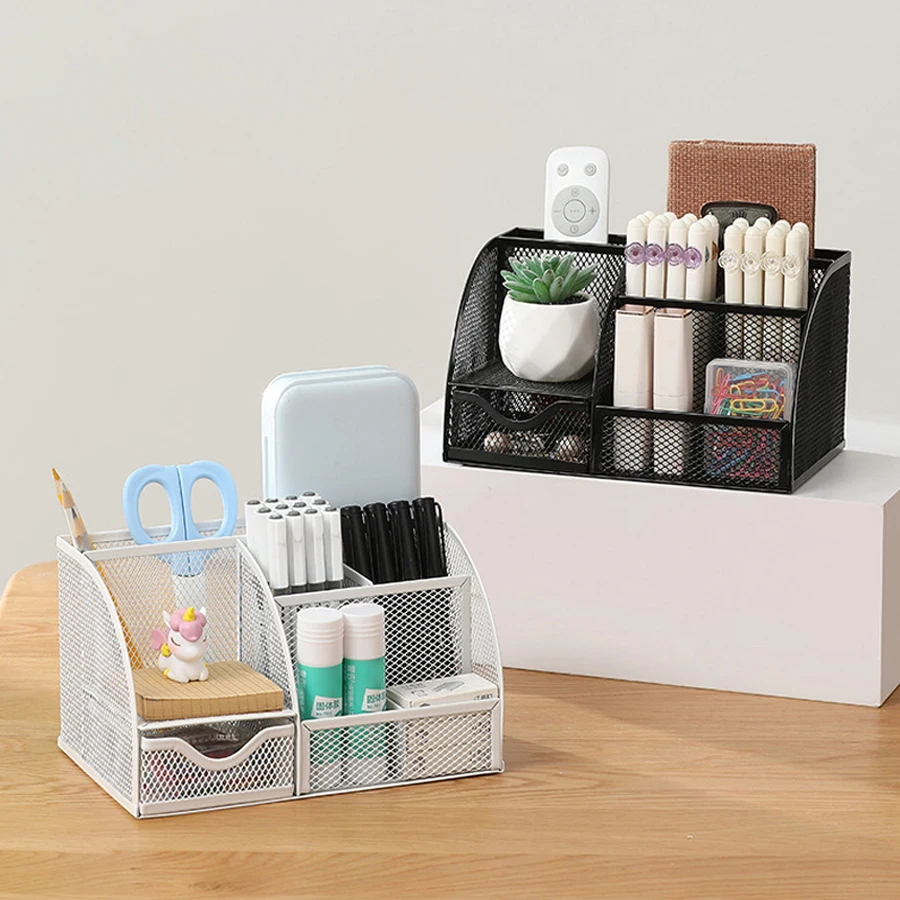 Wire Mesh Desktop Organizer with Drawer File Slot Stationery Storage Rack for Pens, Pencils, Markers, Glue Sticks, Sticky Notes