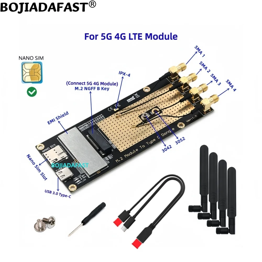 USB 3.0 Type-A to NGFF M.2 B-Key Wireless Adapter With 1 Nano SIM Card Slot & 4 Antennas For 5G 4G Modem Module
