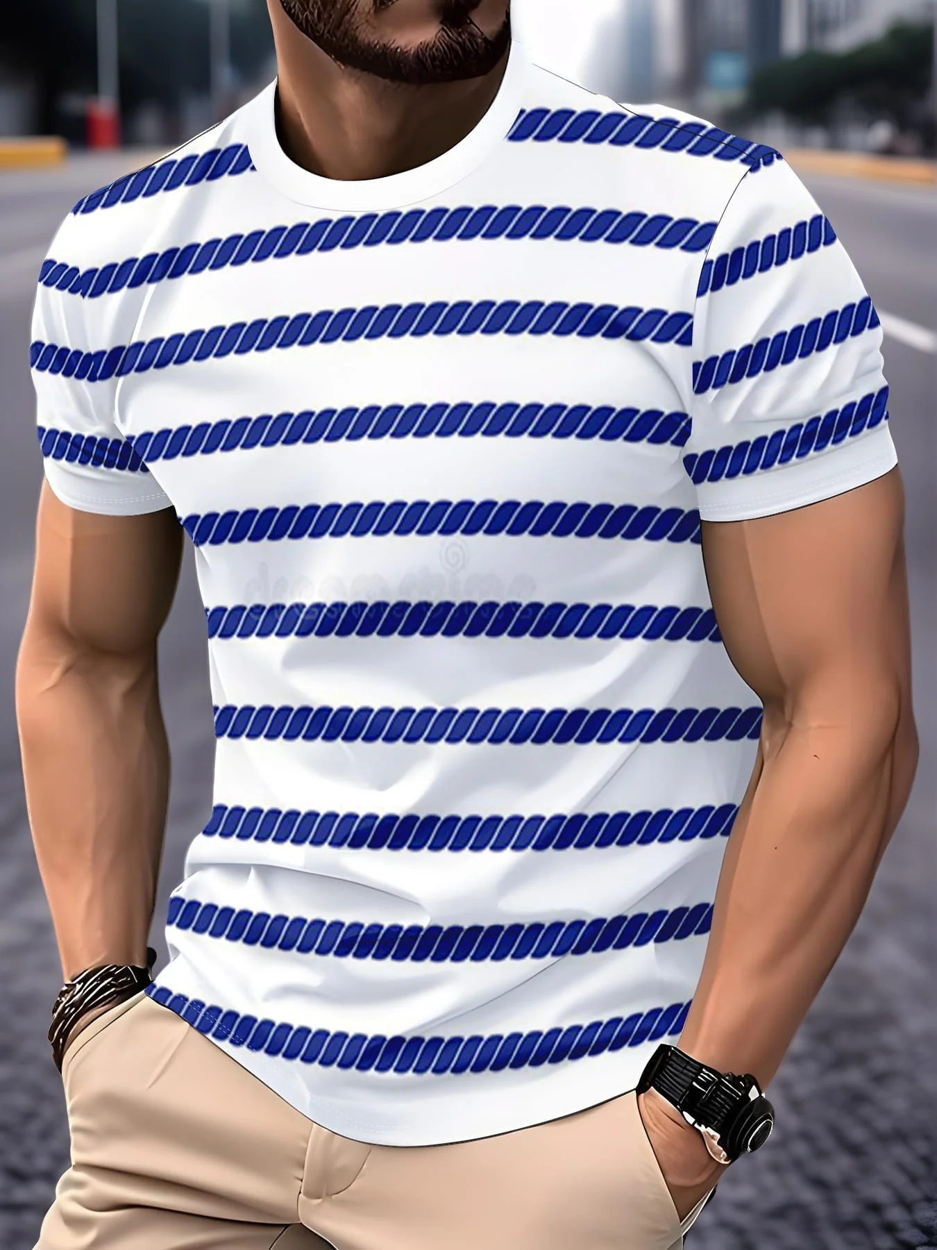 Men Mesh Sports T‑Shirt Rope Texture Stripe O‑Neck Short Sleeve Curved Hem Breathable Summer Casual Top