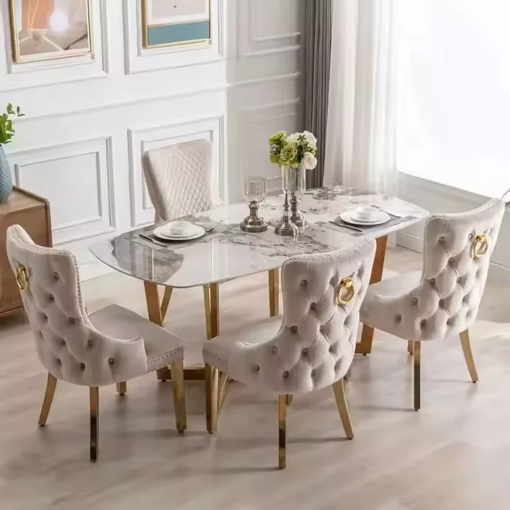 % Home Furniture Europäische Luxus-Esszimmergarnituren mit Knopfheftung aus Samtstoff, Löwenklopfer und modernem Design mit Edelstahlbeinen
