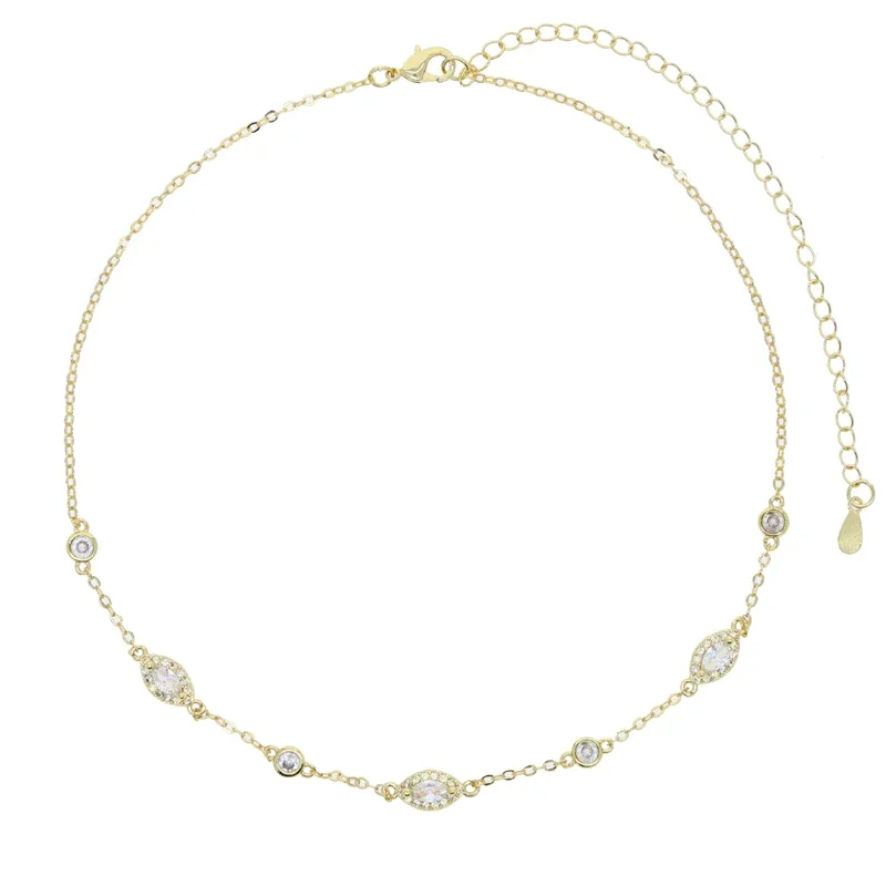 Gold Color Bling Round Oval Cz Fashion Choker Necklace Bezel Cz Paved Link Chain Minimal Delicate Iced Out Jewelry