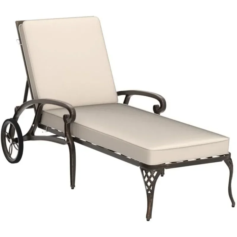 

L # Cast Aluminum Outdoor Chaise Lounge Chair With Wheels, Patio Chaise Lounge With 3-Position Adjustable Backrest, Outdoor Tann