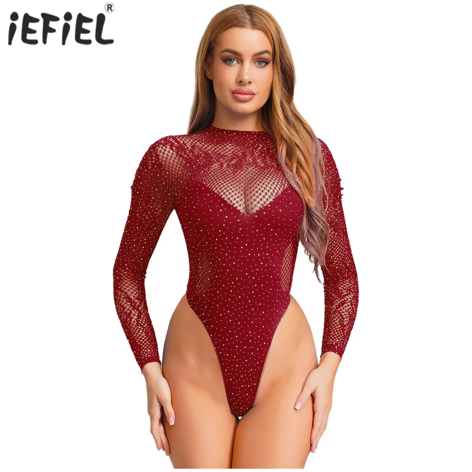 

Womens Lingerie Shiny Rhinestone Fishnet Thong Bodysuit Long Sleeve Backless Mesh Leotard Bikini Swimsuit Sexy Cover Up Clubwear