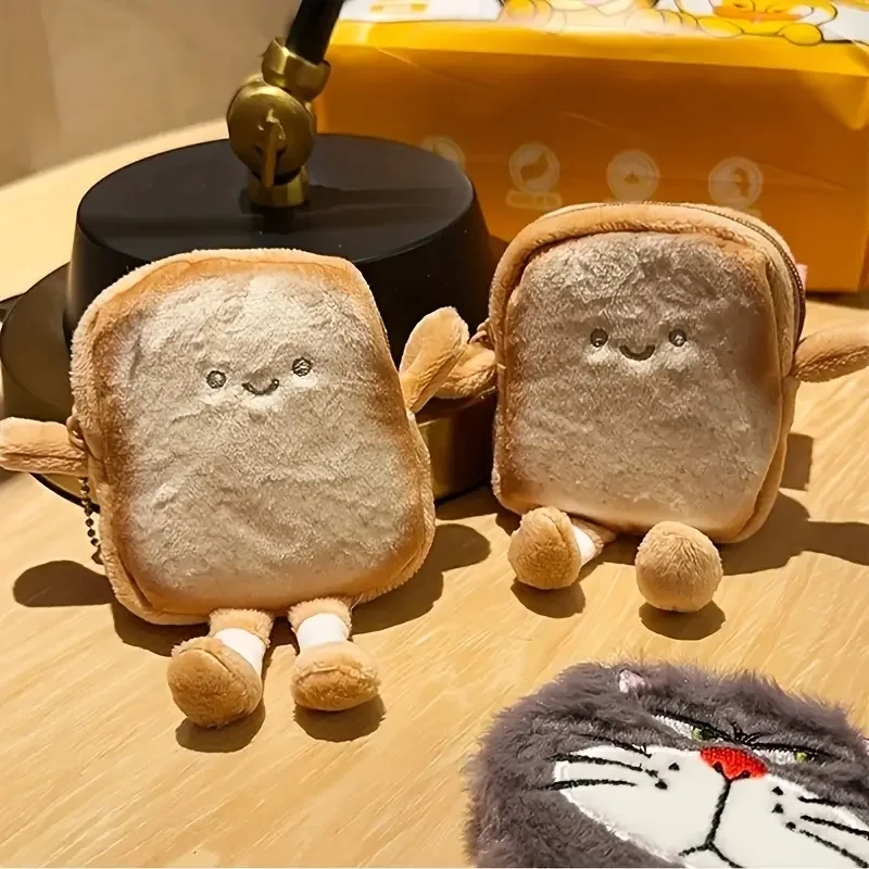 1 Pcs Cartoon Cute Toast Wallet with Keychain Lightweight Zipper Earphones and Small Item Storage Bag