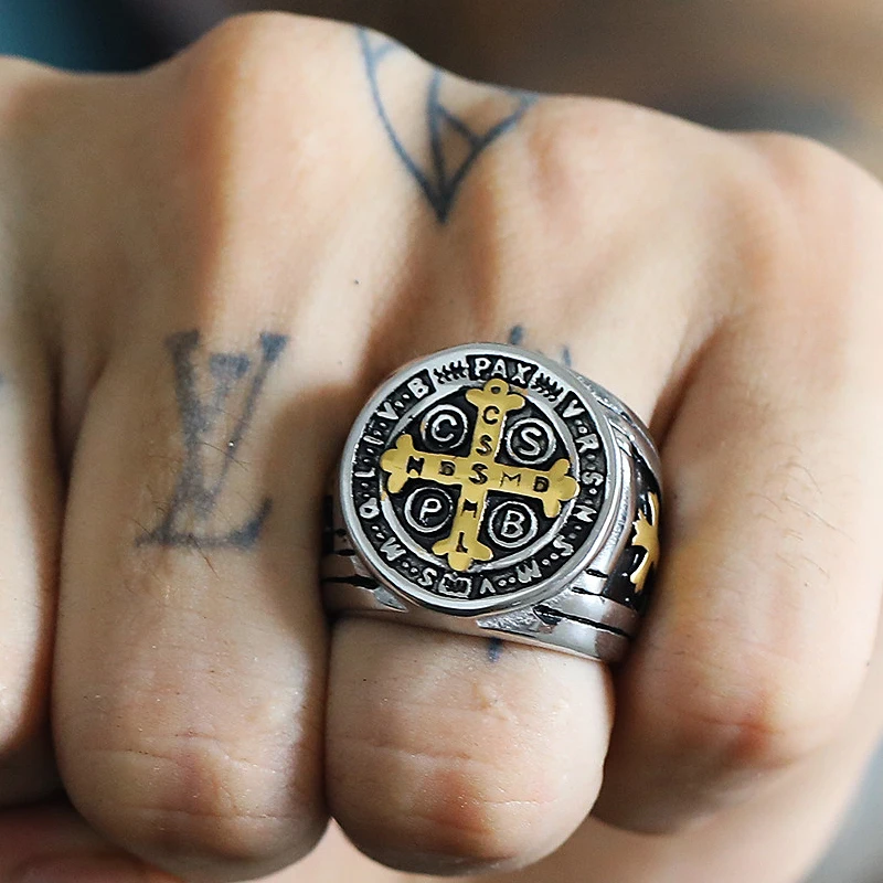 

Vintage Christian St. Benedict Cspb Cross Ring for Men Punk Hip Hop Stainless Steel Ring Biker Jewelry Creative Gift Wholesale