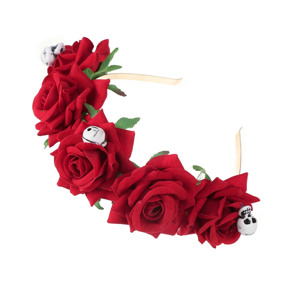 AWAYTR Halloween Red Rose Skull Hair Band Garland Wedding Hairhoop Cosplay Party Flannel Flowers Hair Crown Headband Festival