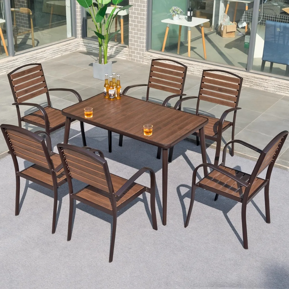 Outdoor tables and chairs, courtyard, outdoor plastic wood preservative wood, waterproof and sun protection