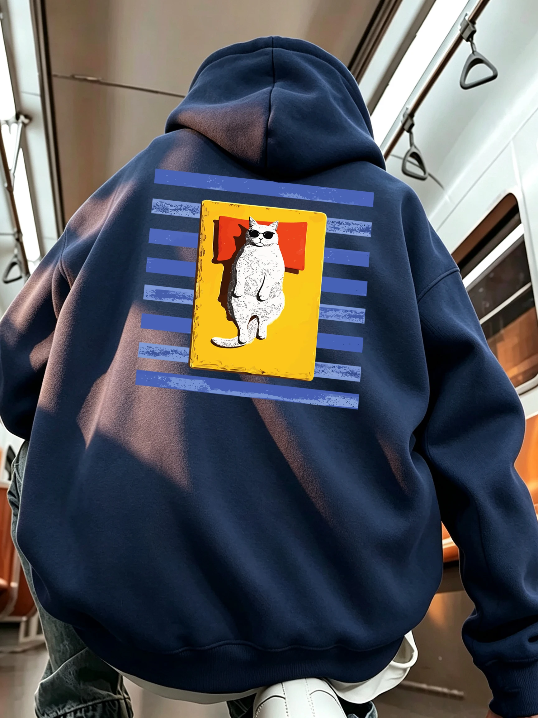 Relax Cool Cat With Sunglasses Pattern Men Hoodies Pocket Fleece Long Sleeve Loose Hip Hop Streetwear Autumn Casual Pullover