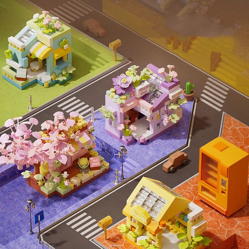 Mini escena de calle, cuento de hadas, ciudad, sol, tienda de flores, casa, adornos arquitectónicos de micropartículas, bloques de construcción para niños