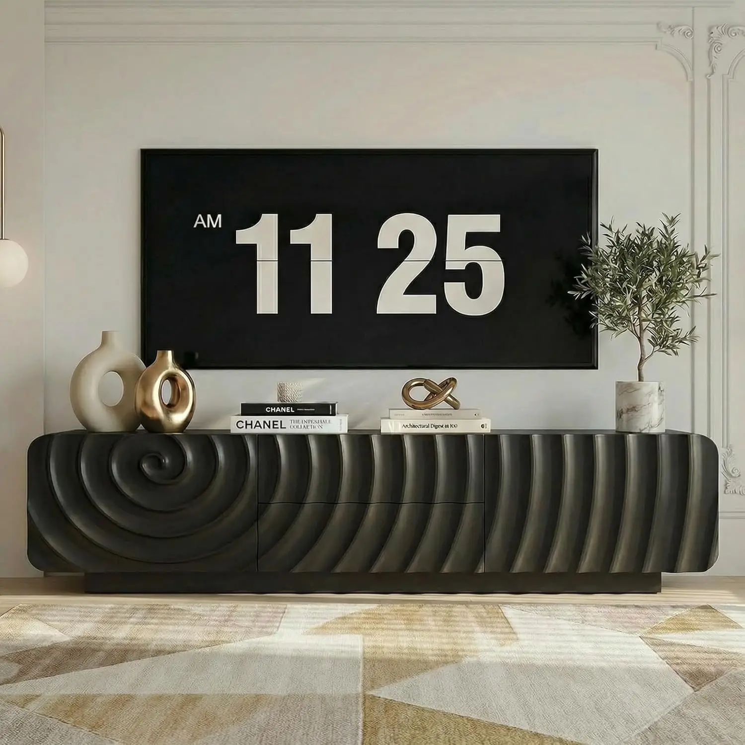 TV stand for 65'' TV , Media Console Table with Storage Cabinet, Spiral Wave Design,Low Profile Credenza for Living, Customized