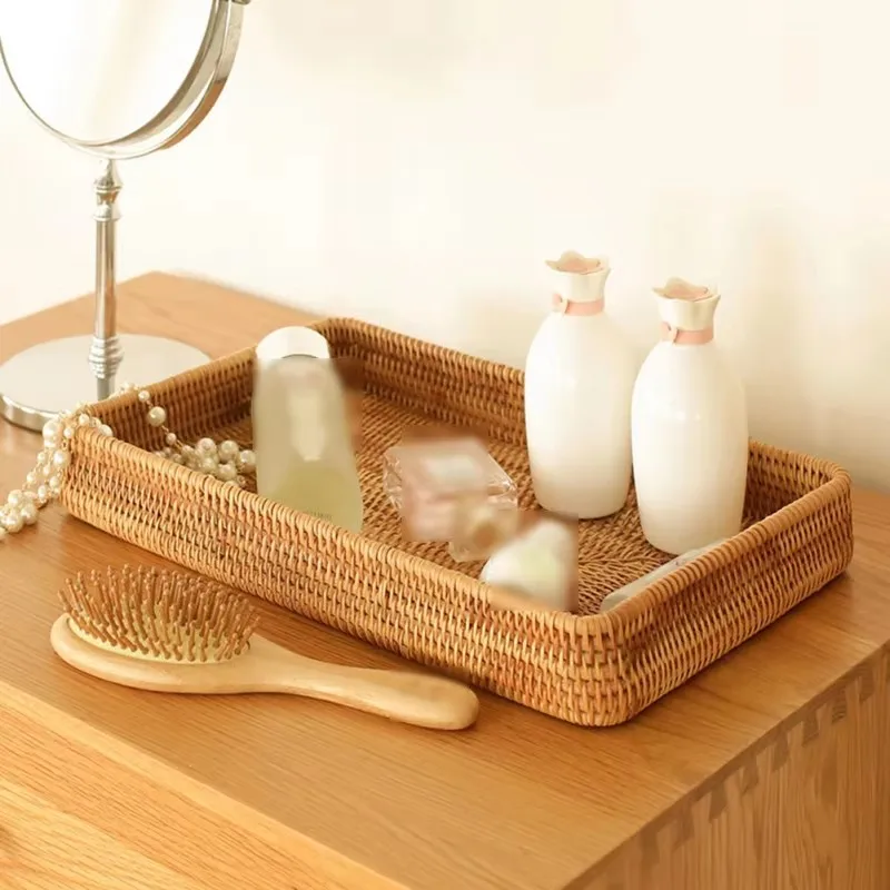 Handgewebter Rattan-Aufbewahrungskorb, quadratisches Weidentablett, Picknickkorb, Brot, Lebensmittelteller, Obst, Kuchen, Kleinigkeiten, Box, Heim-Schreibtisch-Dekoration