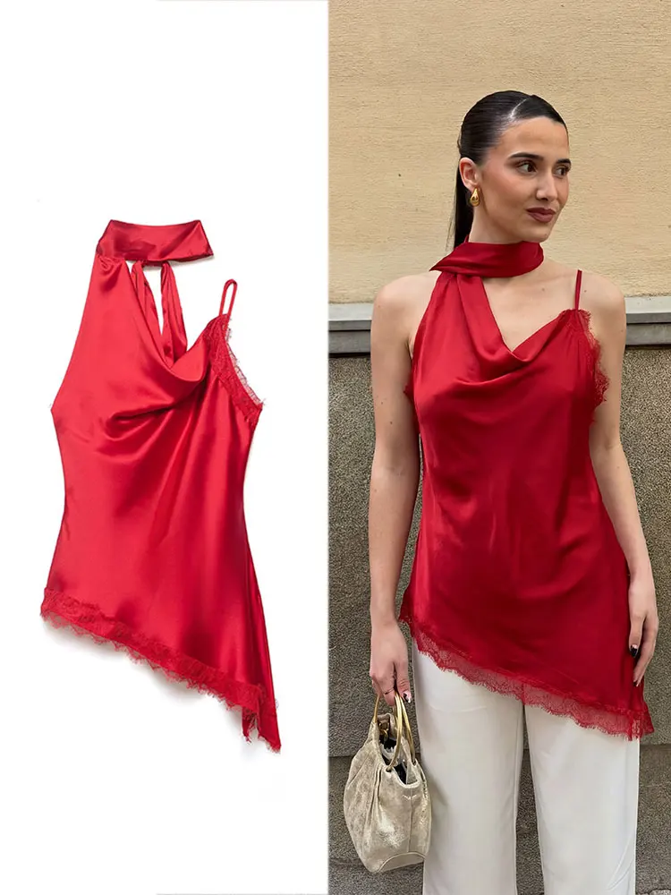 HH Damen Satin One-Shoulder Bluse mit Drapierter Krawatte, Rückenfreies Ärmelloses Top mit Asymmetrischem Saum, Sommerliches High-Street-Chic-Oberteil
