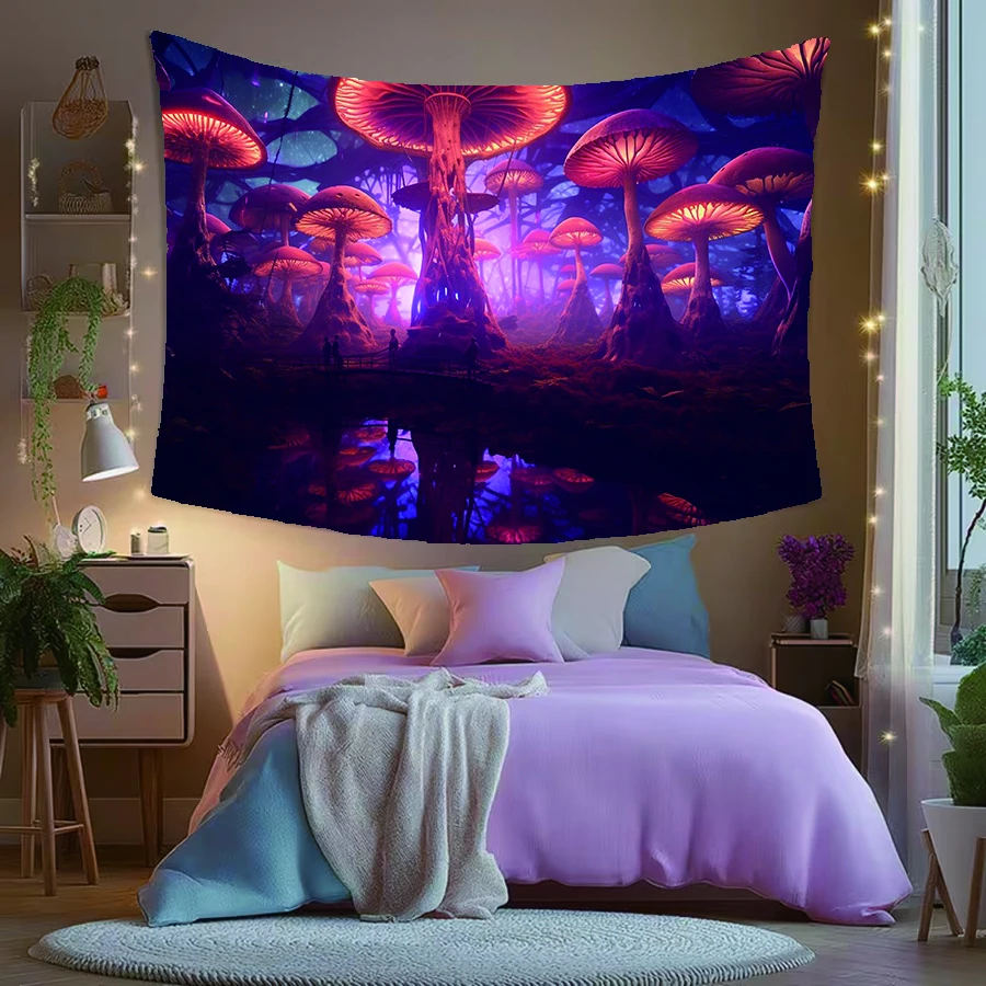 1PC Digital Printed Tapestry Wall Hanging, Red Glowing Mushroom Forest Lake, Psychedelic Trippy Fantasy Wall Decor