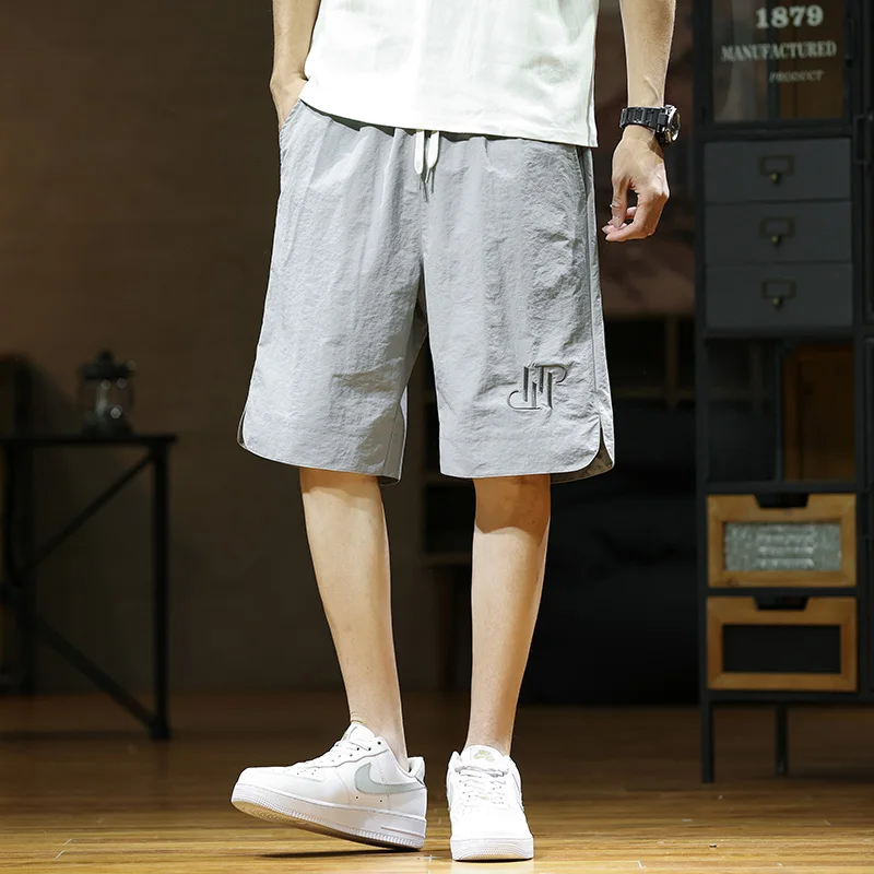 Summer Casual Loose Drawstring Casual Shorts Chic Letter Embroidery Men's Clothing Basic Straight Mid Waist Elastic Knee Pants