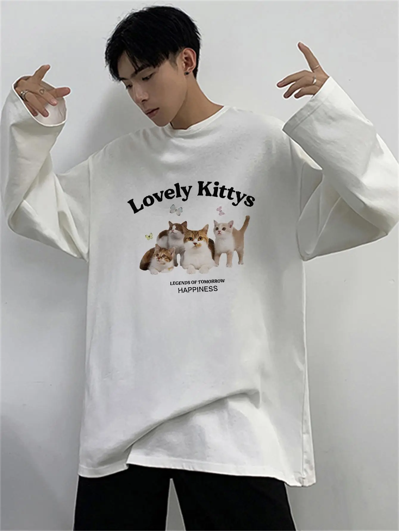 Korean Style Men Casual T-shirts Lovely Kittys Graphic Streetwear Hip Hop Oversize Unisex Long Sleeve Tees 100% Cotton Tops Y2k