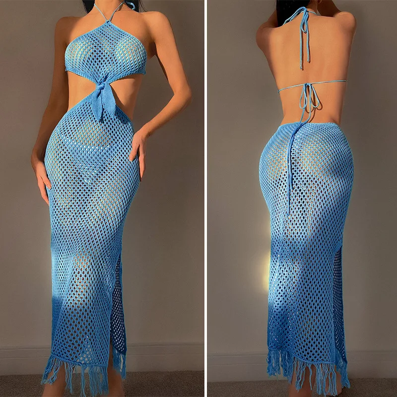 Vestido feminino de malha sem encosto para praia, roupas sexy de férias de verão, escavar vestidos maxi, roupa de banho dividida lateral