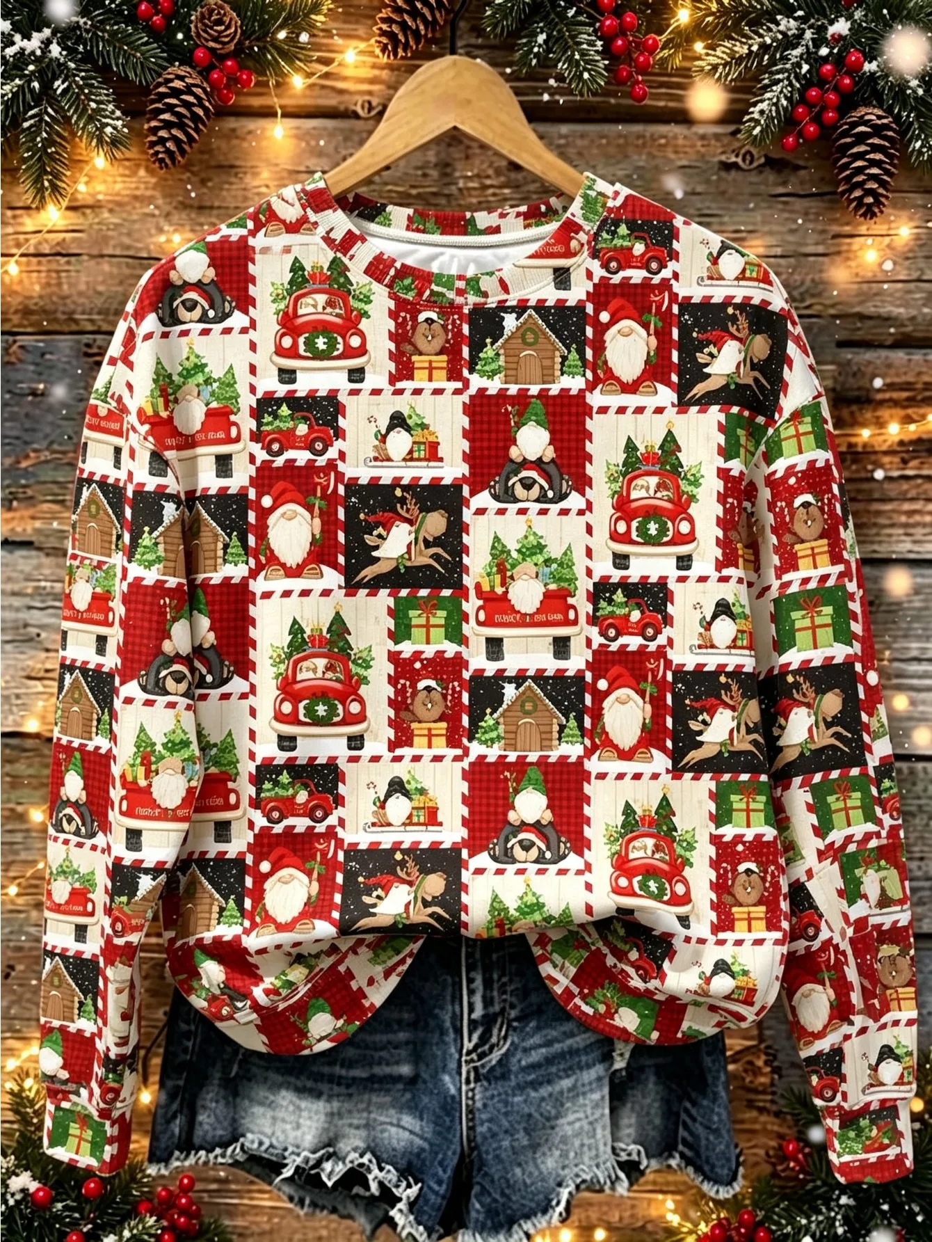 Women Long Sleeve T-shirt Round Neck Christmas Patchwork Plaid Snowflake Print Holiday Casual Tops Women's Clothes