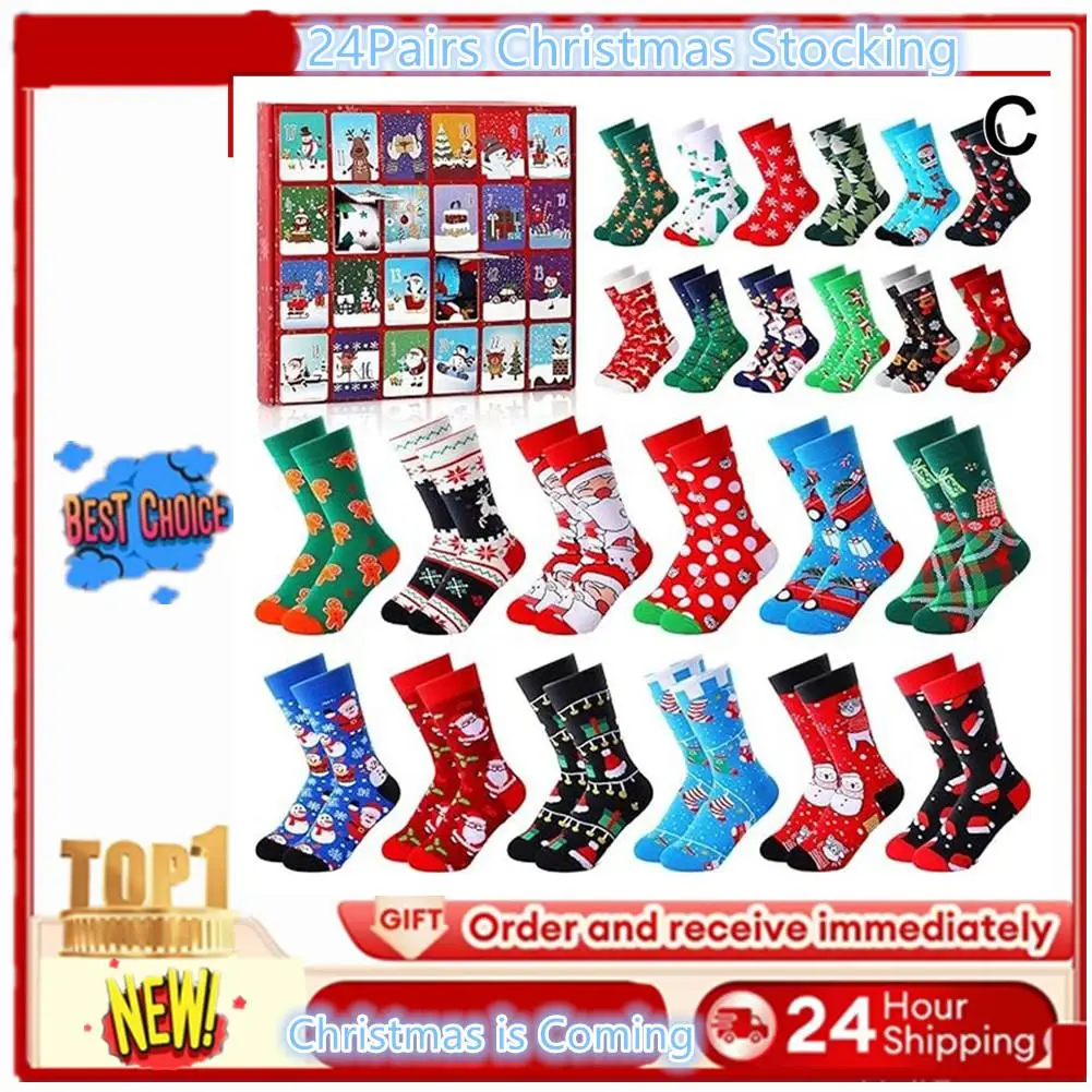 24Pairs Christmas Stocking Advent Calendar 24 Days Of Socks 2024 Festive Holiday White Christmas Colorful Socks For Men