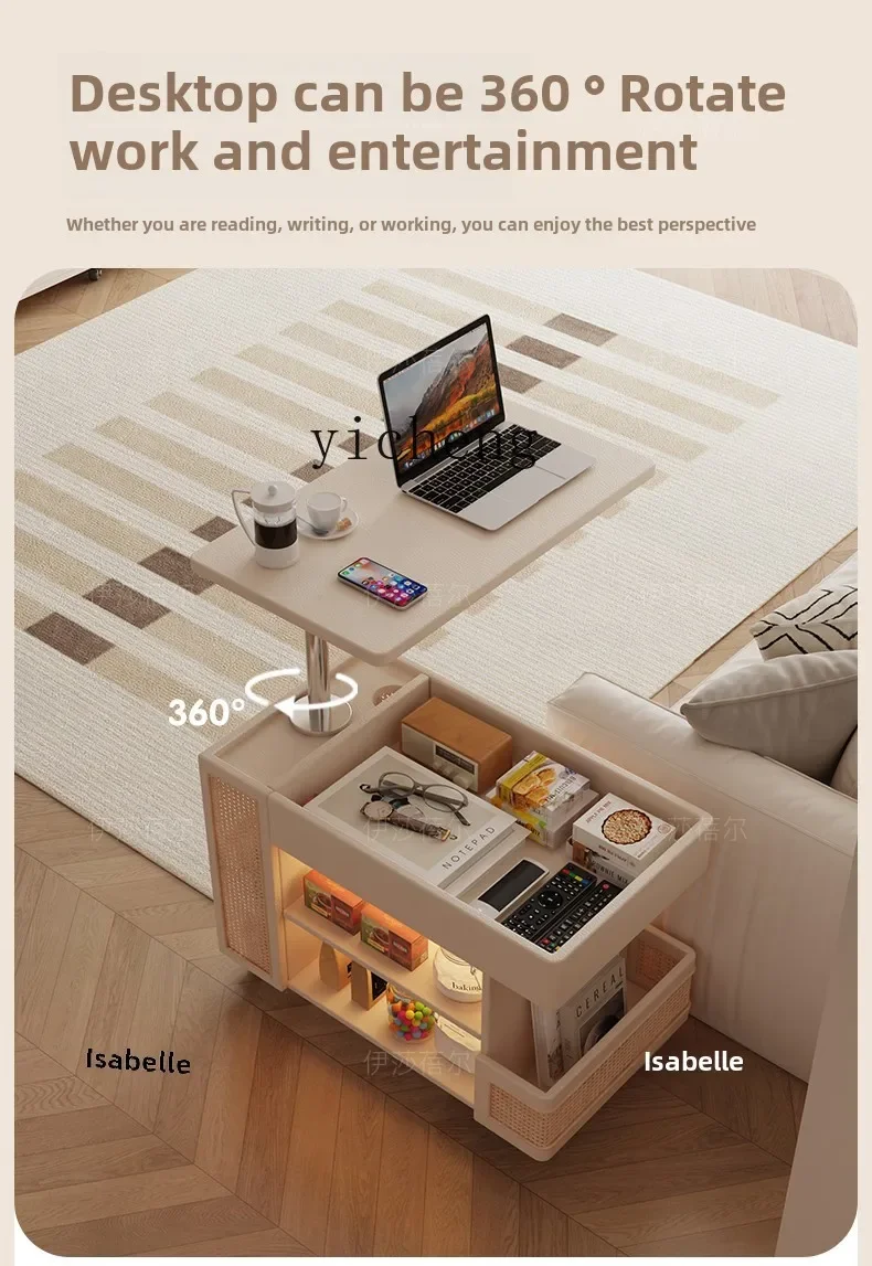 TQH Mobile Coffee Table Side Table one-body Small Apartment Household Living Room Sofa Next To The lift Storage Snack Rattan