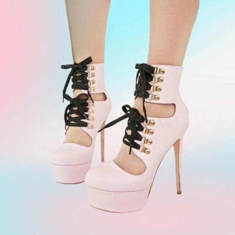 

Black Cross Tied Pink Round Toe Platform Sandals Back Zipper Women Shoes Thin High Heels Party Dating 2026 Zapatos Para Mujere