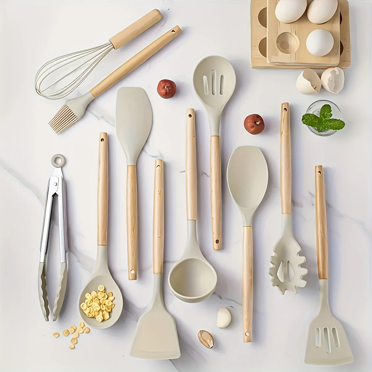 12pcs, Non-Stick Silicone Kitchen Utensil Set with Wooden Handles - Safe and Easy To Clean - Perfect for Cooking and Baking
