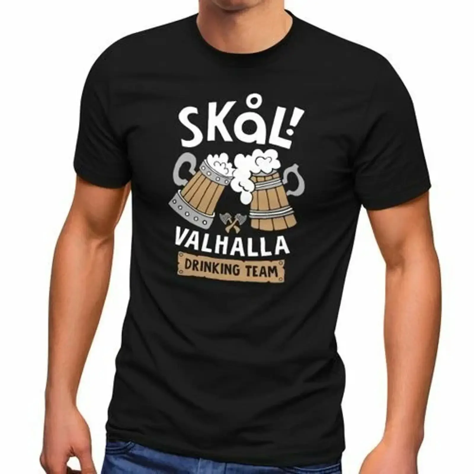 Camiseta masculina Skâl Valhalla Drinking Team Prost Bier Wikinger Fun Party vintage lavada com estampa gráfica casual e estilosa