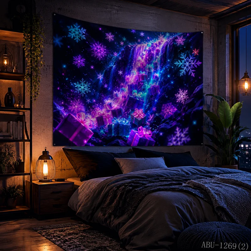 VIKAMA Neon Waterfall Starry Sky Falling Gift Box Ice Crystal Snow Christmas Tapestry HD Wall Hanging Decor for Living Room