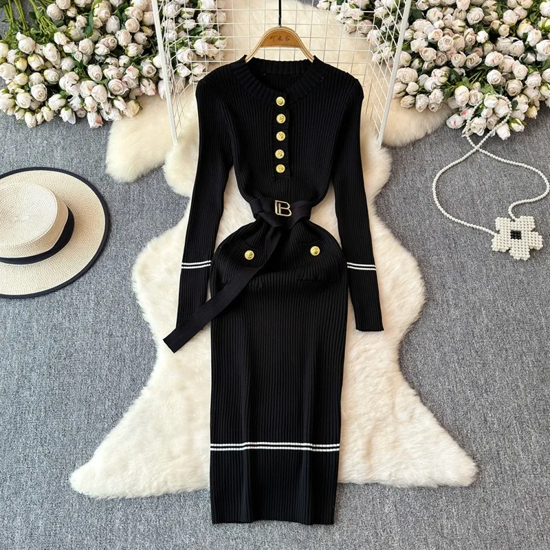 YuooMuoo Chic Fashion Autumn Winter Long Sleeve Knitted Bodycon Dress Women Elegant Sash Bandage Long Sweater Dress Vestidos