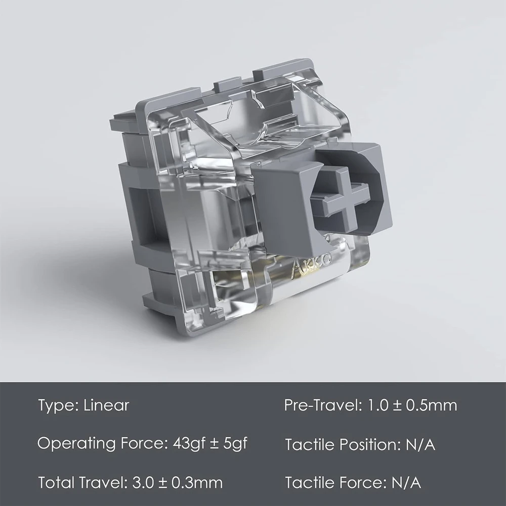 Interruptor Linear Akko com Stem Dustproof, Compatível com Teclado Mecânico MX, V3 Pro, Silver Switches, 40gf, 5 Pin, 45 Pcs