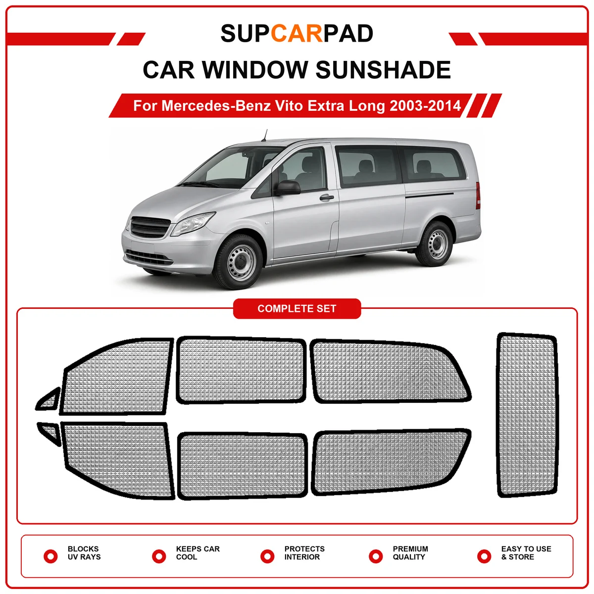 For Mercedes-Benz Vito Extra Long 2003-2014 Pre‑Cut Auto Window Sunshade Anti‑UV Car Sun Visor Protector