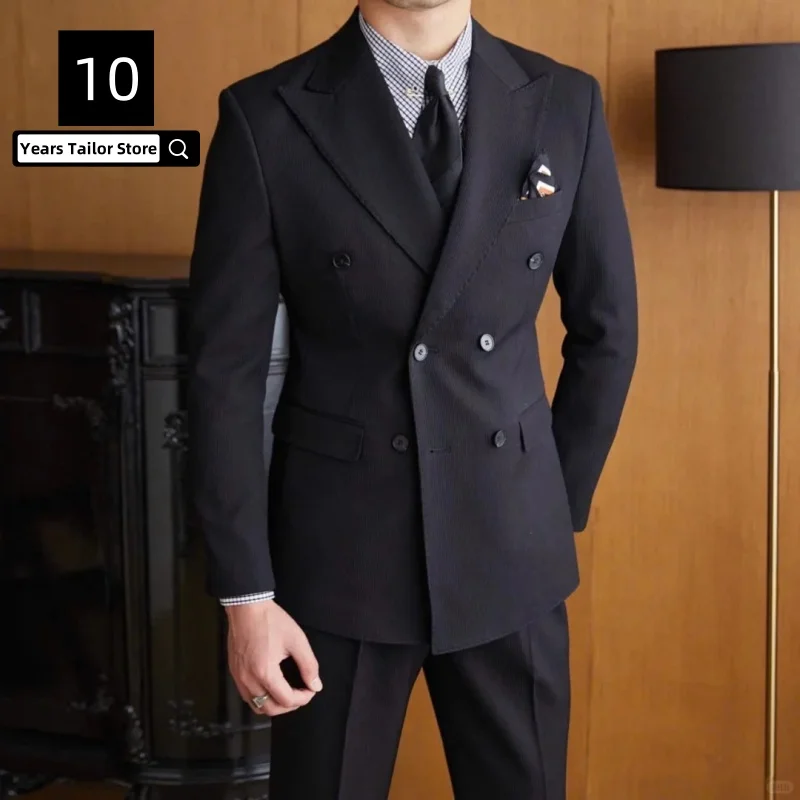 

2025 Winter New Styles Corduroy Men's Black 2-Piece Suit Double-Breasted Business Jacket Pants Everyday Weddings Party Suits