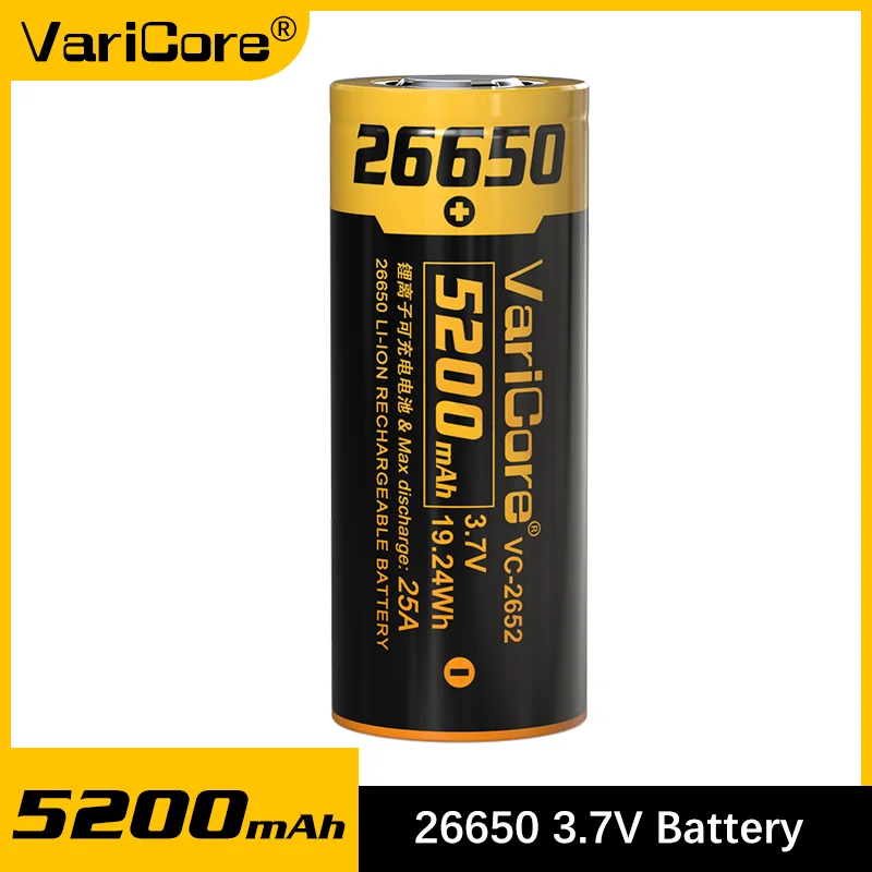 

VariCore VC-2652 5200 мАч 26650 3,7 В литий-ионный аккумулятор высокой емкости 25 А разряд для фонарика для вейпа солнечный свет