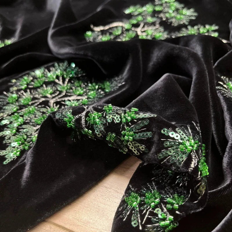Embroidered Green Pine Needle Silver Pine Flower Velvet Fabric Breathable Qipao Coat Half Skirt Garment Making Sewing Fabric