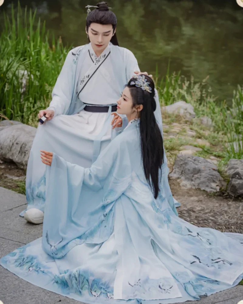 Пары Hanfu, традиционный китайский костюм для косплея, древний Hanfu, градиентный синий комплект из 3 предметов для мужчин и женщин, большие размеры 2XL